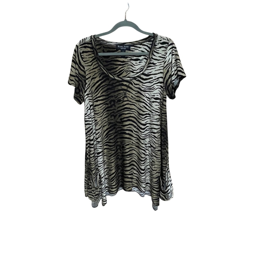 Hanna Jones Couture Tiger Stripe‎ Animal Print Tunic Top Tan Black L Safari Edgy